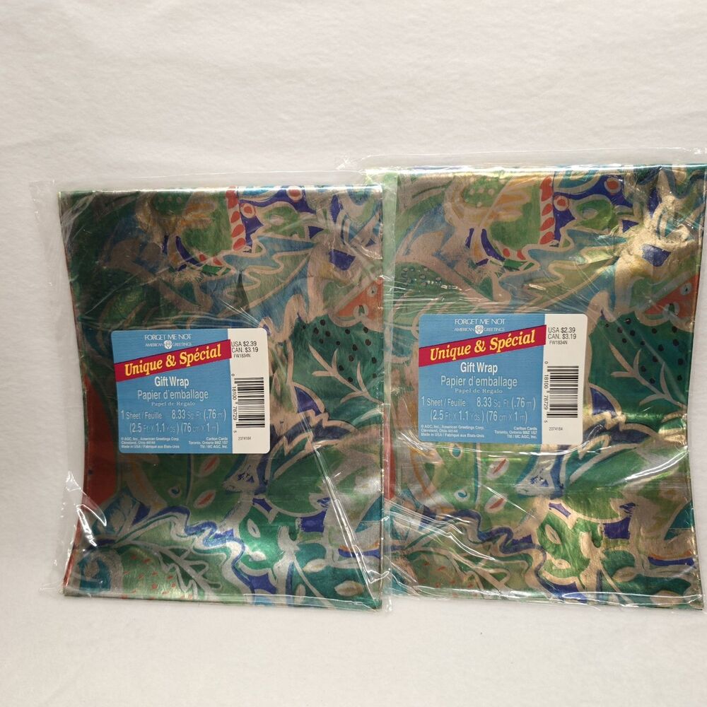 American Greetings Foil Abstract Gift Wrap Vintage NOS Sealed 2 Sheets Retro Art